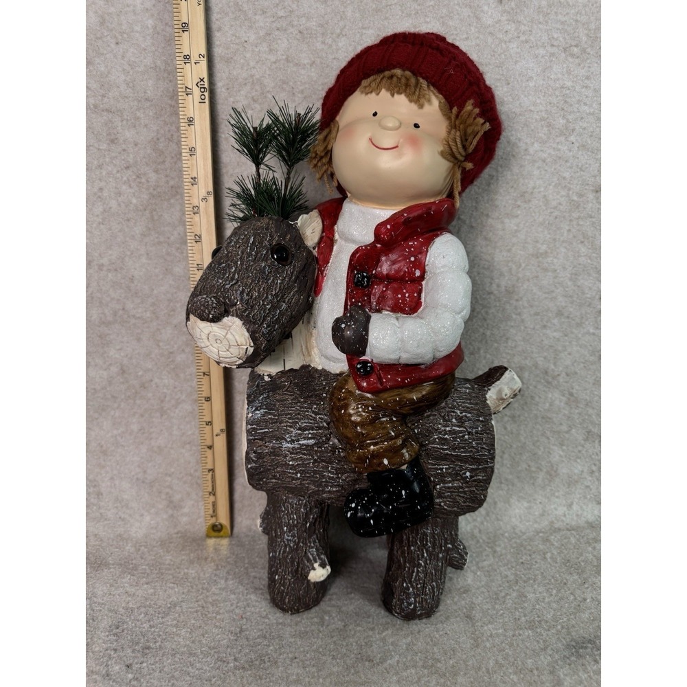 Adorable Christmas Figurine Child Riding Reindeer Rustic Wood‎ Accents Red Hat